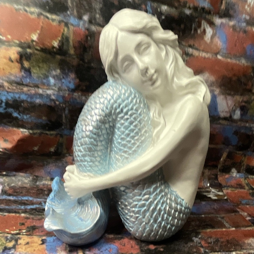 White & Blue Fantasy Mermaid Figurine Sitting Pose Holding Tail Decor